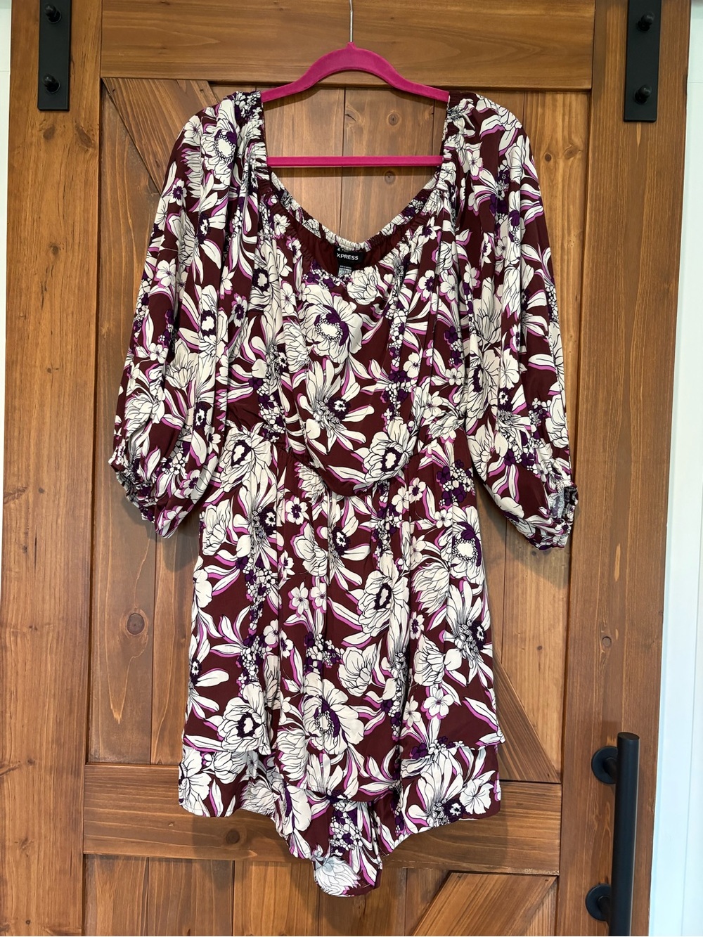 Express Burgundy and White Floral Romper with Puff Sleeves